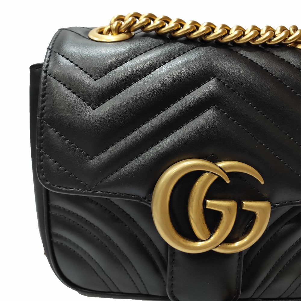 【GUCCI 古馳】739682 經典Marmont系列仿舊金屬雙G LOGO方形肩背/斜肩包(黑色)