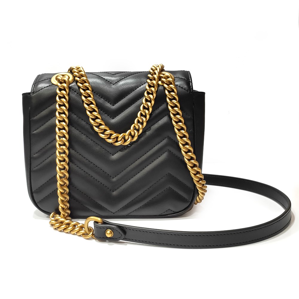 【GUCCI 古馳】739682 經典Marmont系列仿舊金屬雙G LOGO方形肩背/斜肩包(黑色)