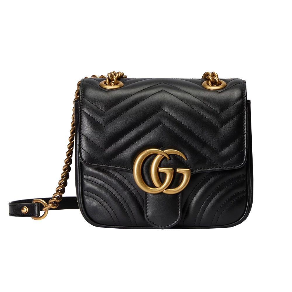 【GUCCI 古馳】739682 經典Marmont系列仿舊金屬雙G LOGO方形肩背/斜肩包(黑色)