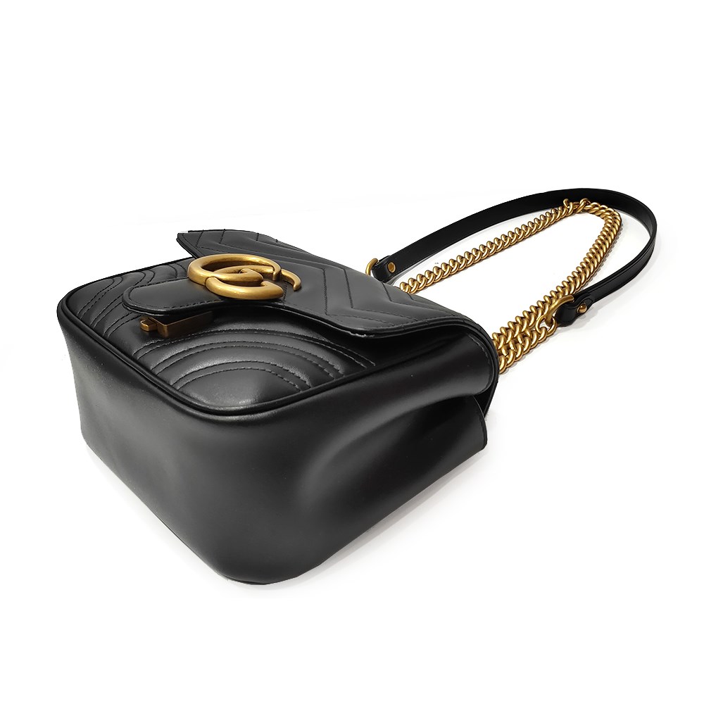 【GUCCI 古馳】739682 經典Marmont系列仿舊金屬雙G LOGO方形肩背/斜肩包(黑色)