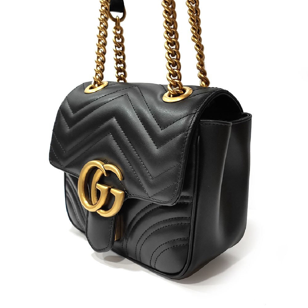 【GUCCI 古馳】739682 經典Marmont系列仿舊金屬雙G LOGO方形肩背/斜肩包(黑色)