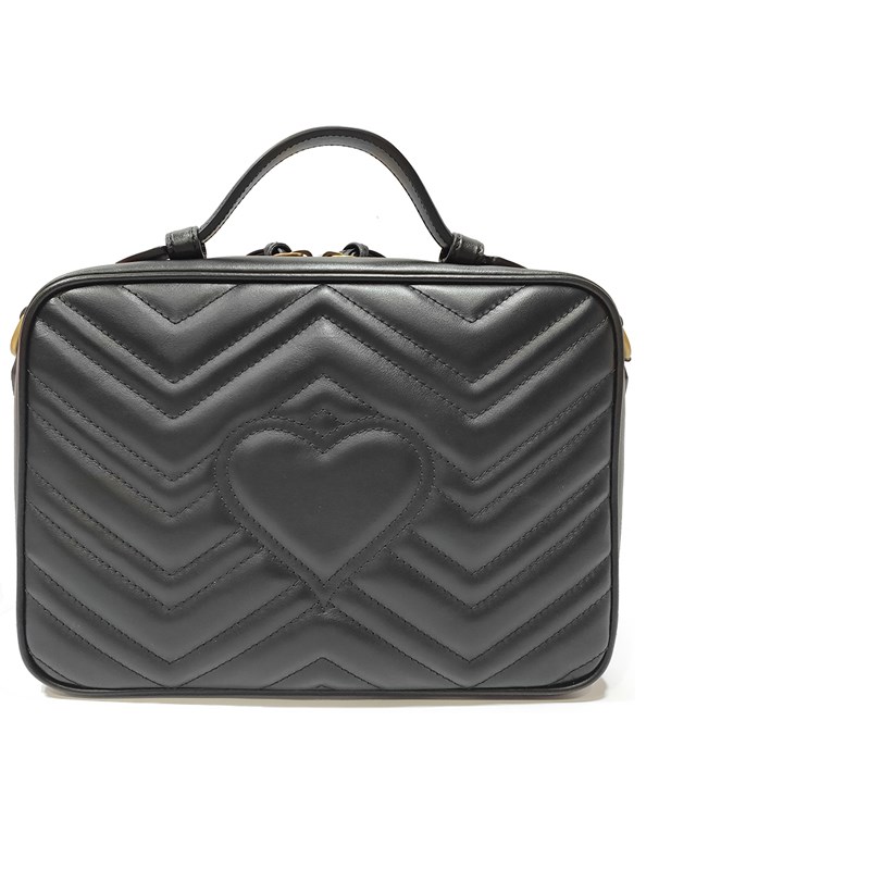 【GUCCI 古馳】498100 經典GG Marmont 仿舊金色 LOGO牛皮暗釦手提/斜背/化妝兩用包(黑色)