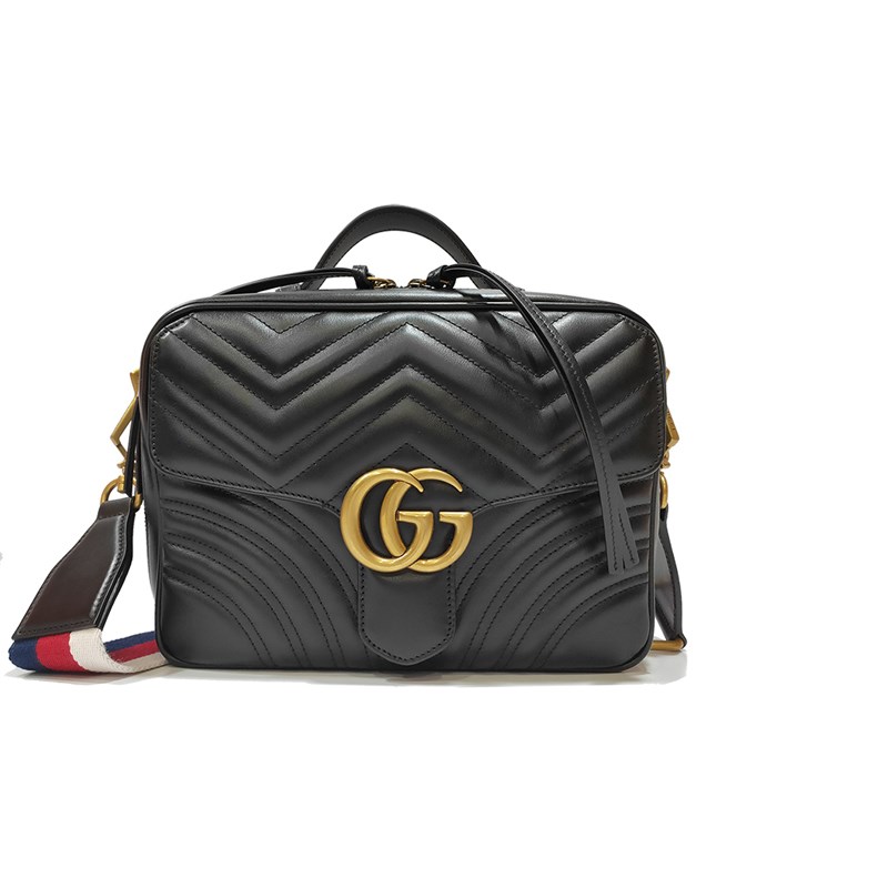 【GUCCI 古馳】498100 經典GG Marmont 仿舊金色 LOGO牛皮暗釦手提/斜背/化妝兩用包(黑色)
