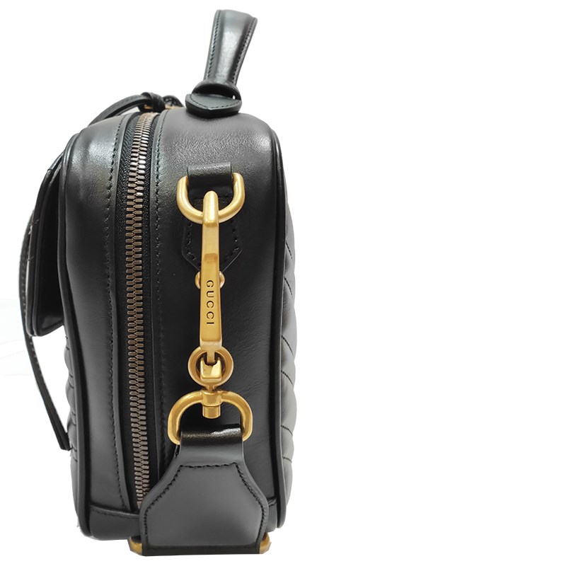 【GUCCI 古馳】498100 經典GG Marmont 仿舊金色 LOGO牛皮暗釦手提/斜背/化妝兩用包(黑色)