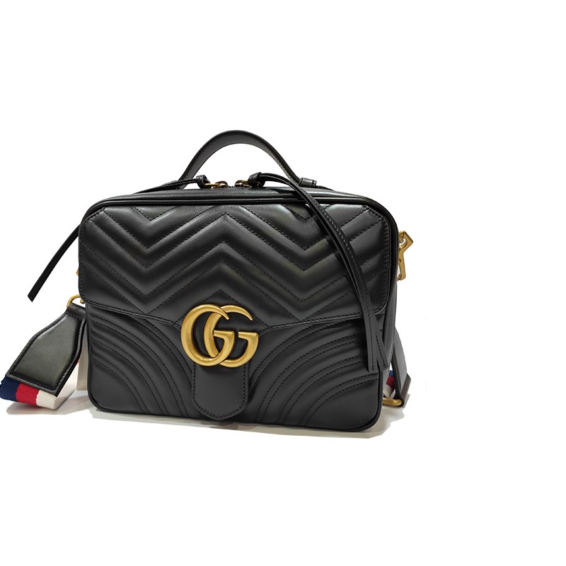 【GUCCI 古馳】498100 經典GG Marmont 仿舊金色 LOGO牛皮暗釦手提/斜背/化妝兩用包(黑色)