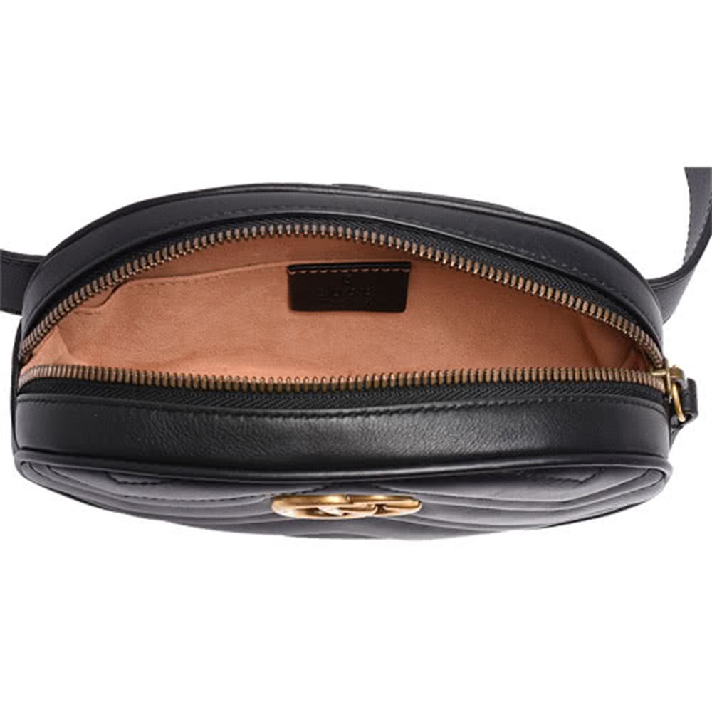 【GUCCI 古馳】476434 經典GG Marmont系列仿舊金色雙G LOGO 山字車紋牛皮拉鍊手拿/腰/斜背包(黑色75cm)