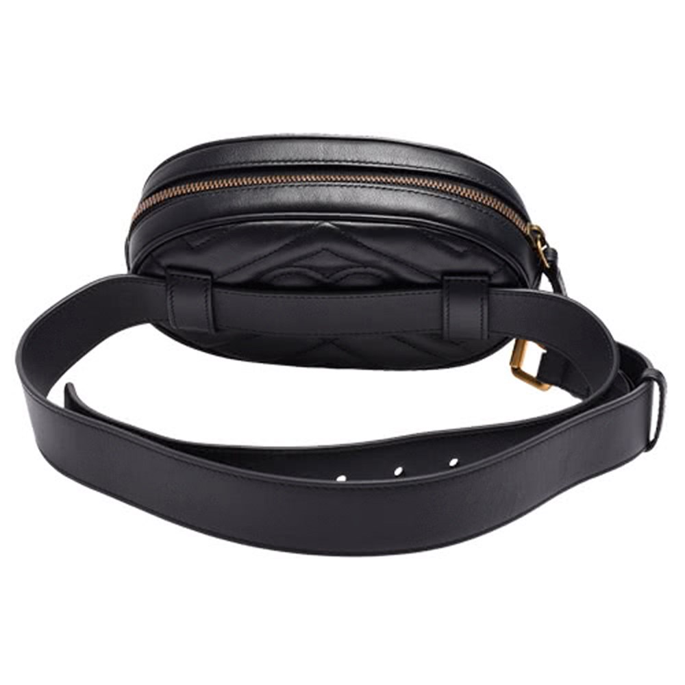 【GUCCI 古馳】476434 經典GG Marmont系列仿舊金色雙G LOGO 山字車紋牛皮拉鍊手拿/腰/斜背包(黑色75cm)