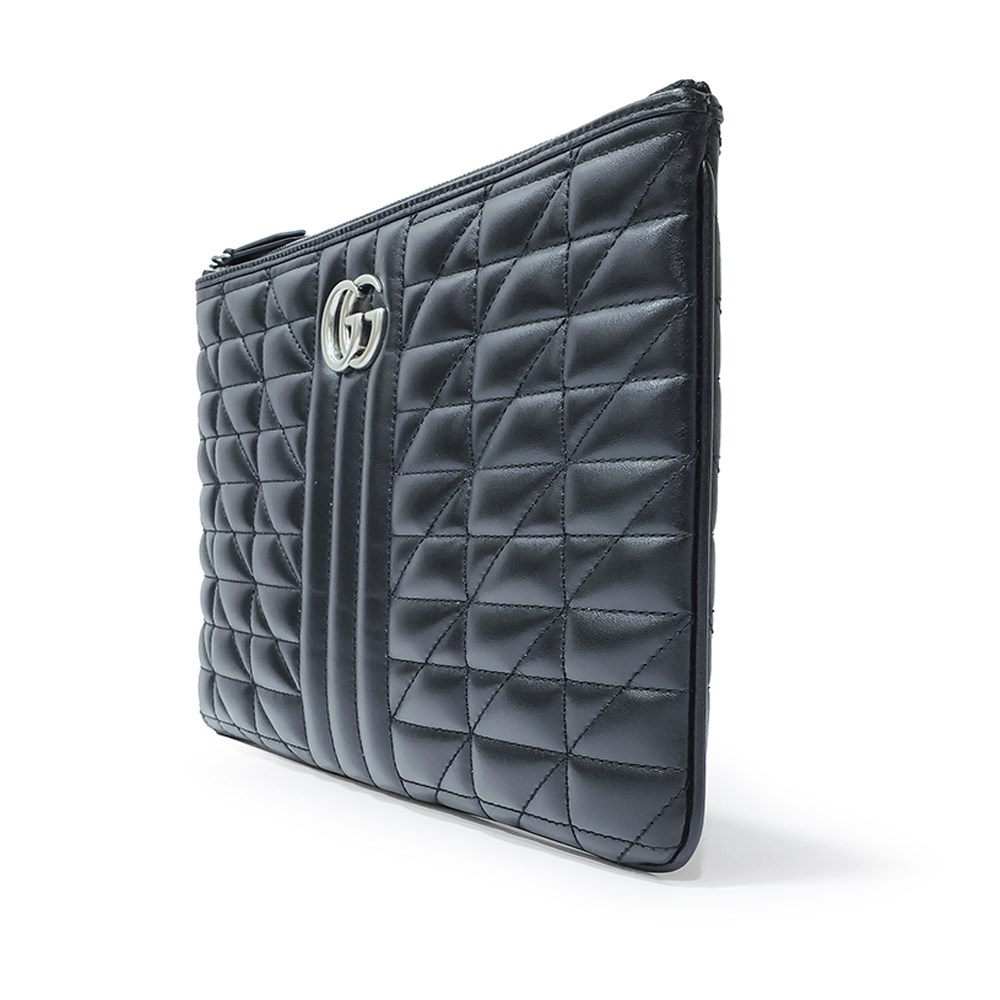 【GUCCI 古馳】525541 經典GG Marmont絎縫系列復古銀釦手拿包(黑色)