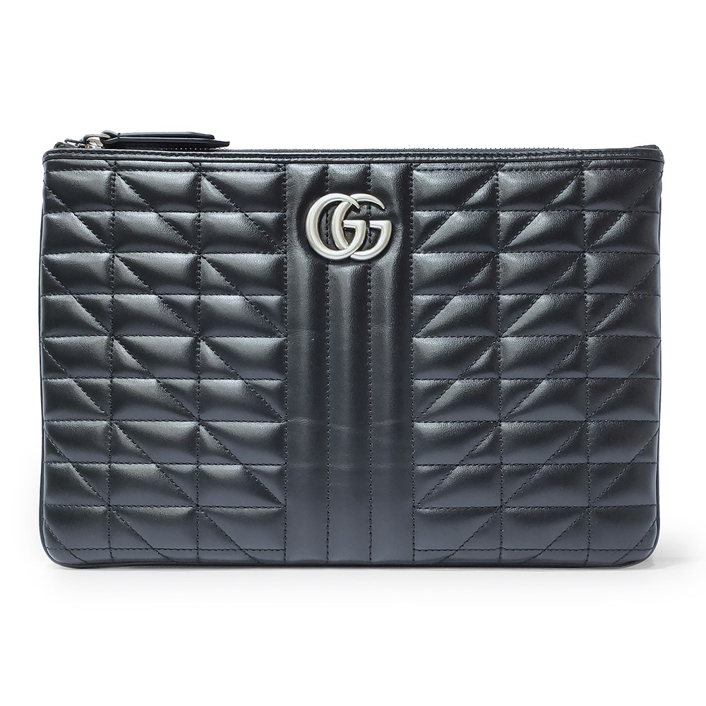 【GUCCI 古馳】525541 經典GG Marmont絎縫系列復古銀釦手拿包(黑色)