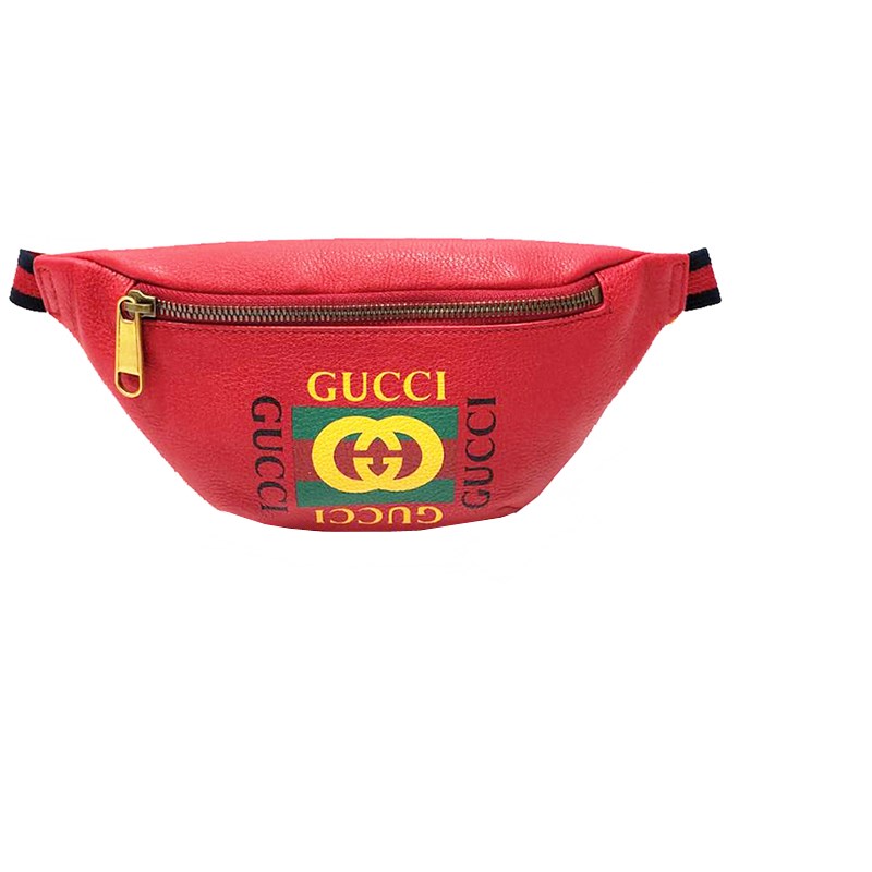 【GUCCI 古馳】527792 復古風格的圖案小牛皮綠紅綠織帶腰包/斜背包