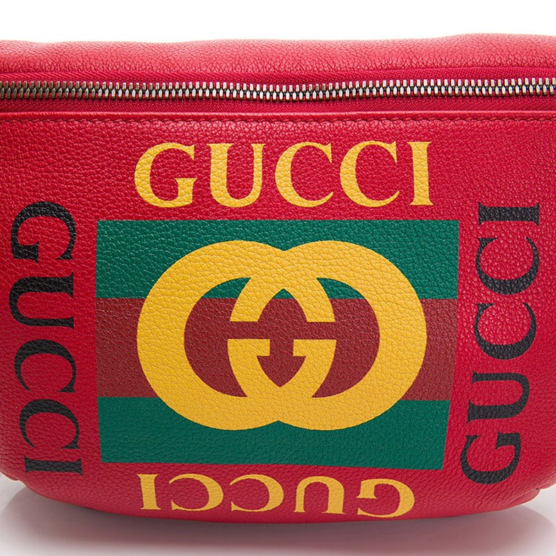 【GUCCI 古馳】493869/530412 經典GUCCI Print系列復古織帶牛皮胸腰包/斜背包(紅色90cm)