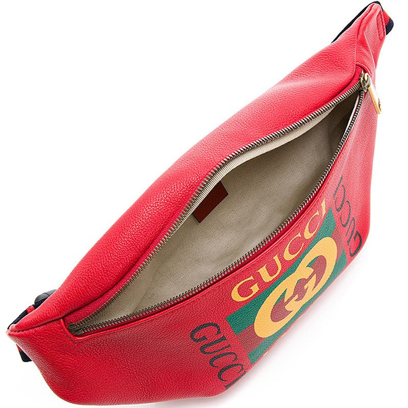 【GUCCI 古馳】493869/530412 經典GUCCI Print系列復古織帶牛皮胸腰包/斜背包(紅色90cm)