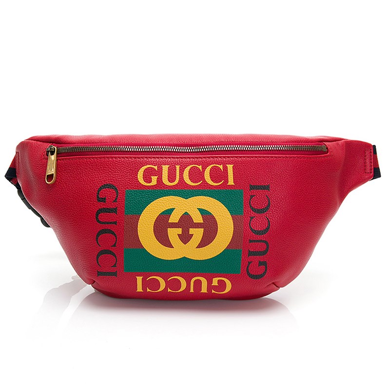 【GUCCI 古馳】493869/530412 經典GUCCI Print系列復古織帶牛皮胸腰包/斜背包(紅色90cm)