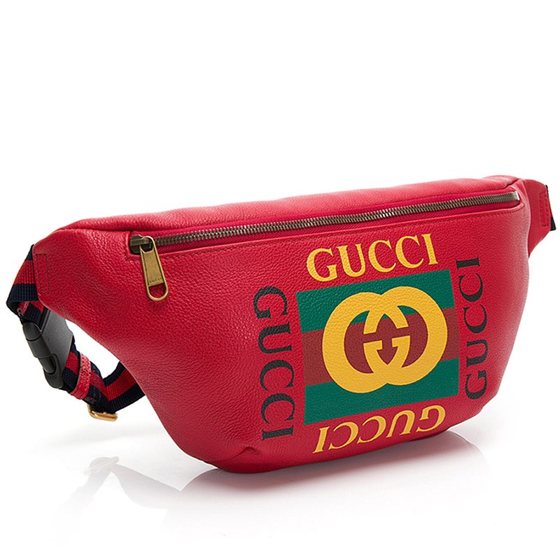 【GUCCI 古馳】493869/530412 經典GUCCI Print系列復古織帶牛皮胸腰包/斜背包(紅色90cm)
