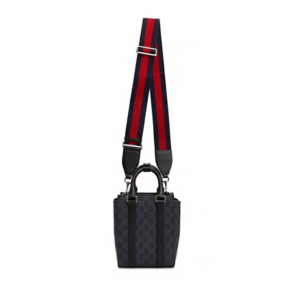 【GUCCI 古馳】696010 經典GG Supreme帆布迷你中性款手提/斜背手機兩用包(黑灰色)