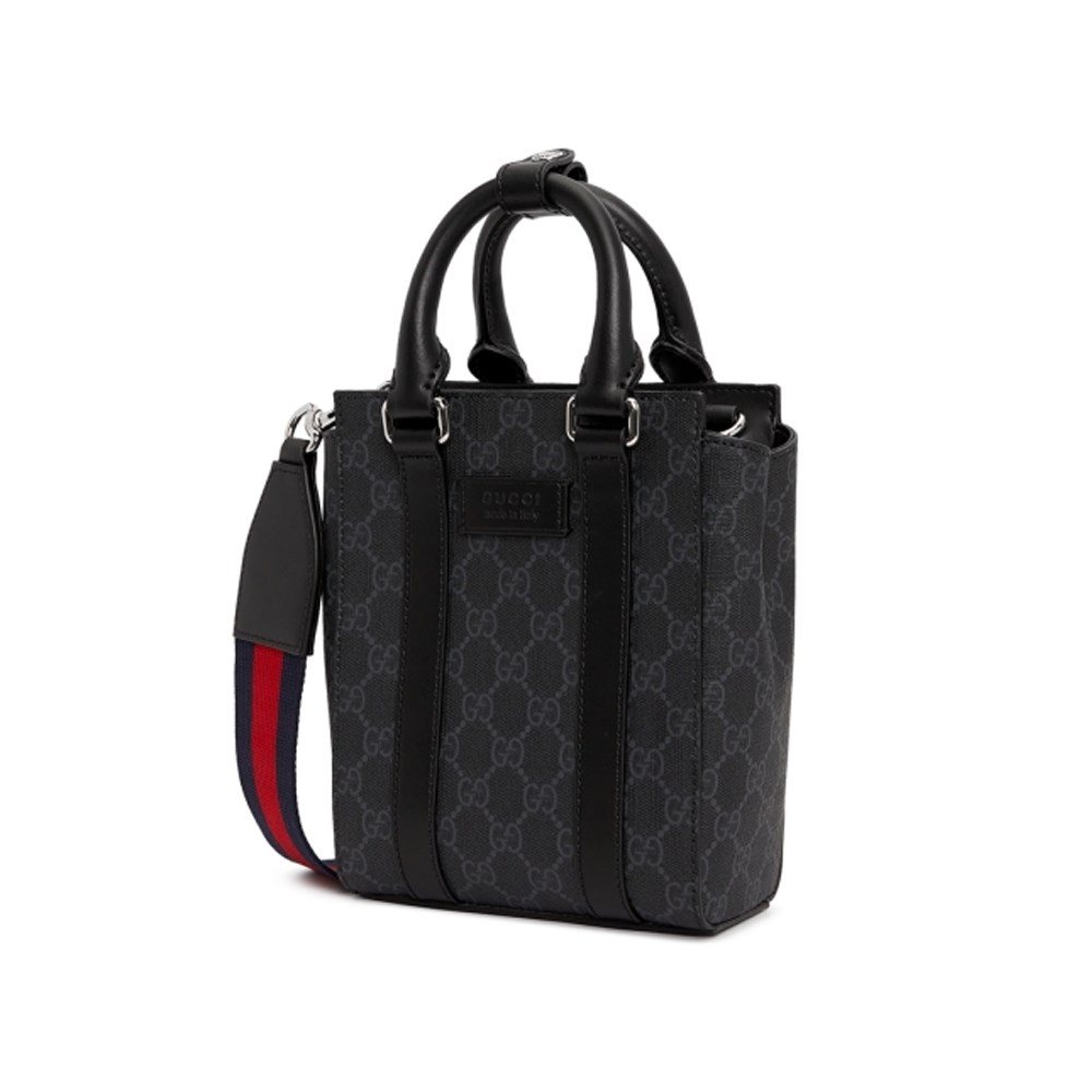 【GUCCI 古馳】696010 經典GG Supreme帆布迷你中性款手提/斜背手機兩用包(黑灰色)
