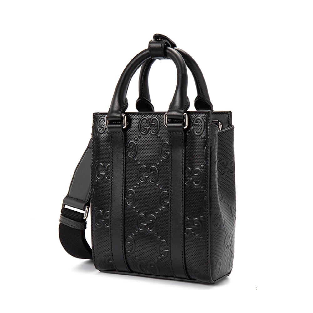 【GUCCI 古馳】696010 經典GG LOGO皮革壓紋迷你中性款手提/斜背手機兩用包(黑色)
