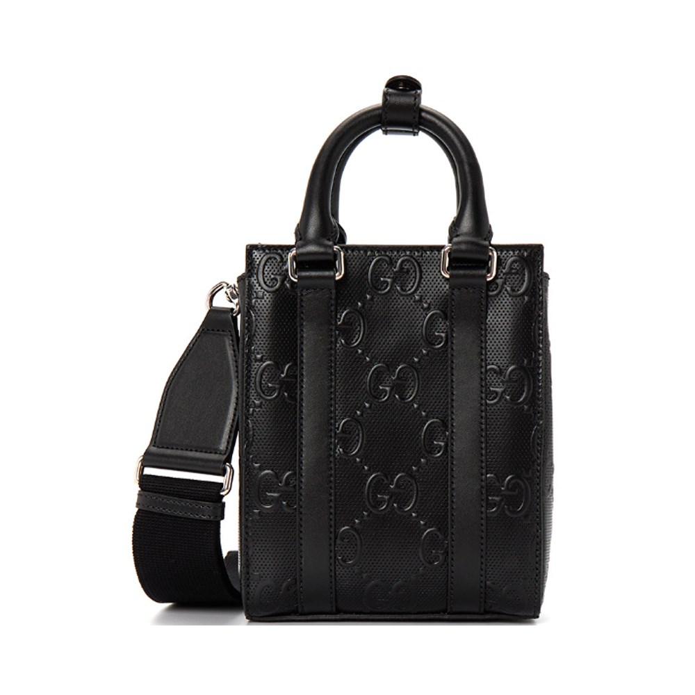 【GUCCI 古馳】696010 經典GG LOGO皮革壓紋迷你中性款手提/斜背手機兩用包(黑色)