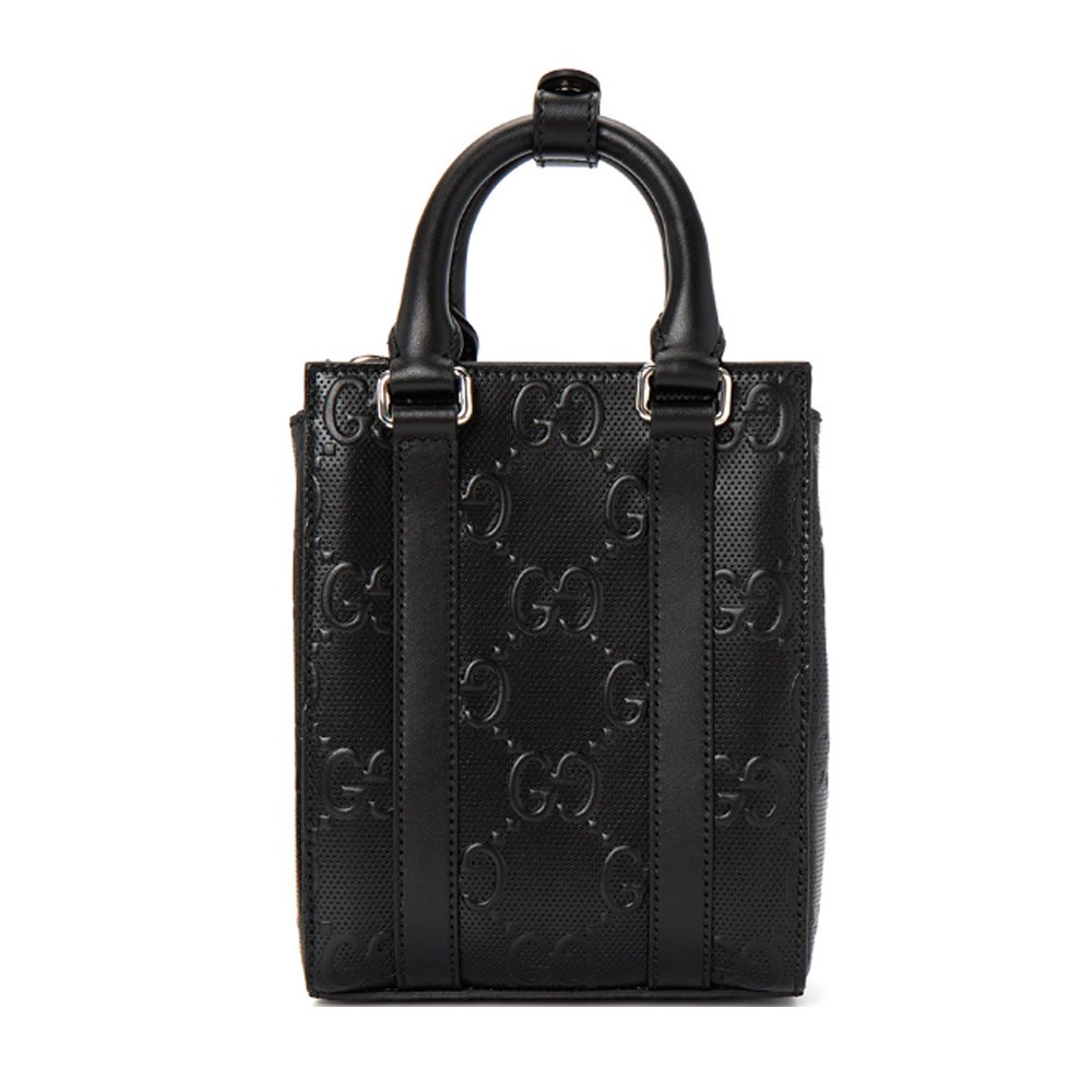【GUCCI 古馳】696010 經典GG LOGO皮革壓紋迷你中性款手提/斜背手機兩用包(黑色)
