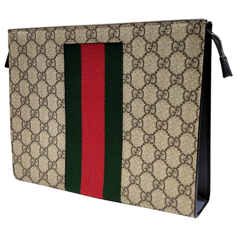 【GUCCI 古馳】475316 經典GG Supreme帆布印花雙色織帶萬用手拿包(棕色)