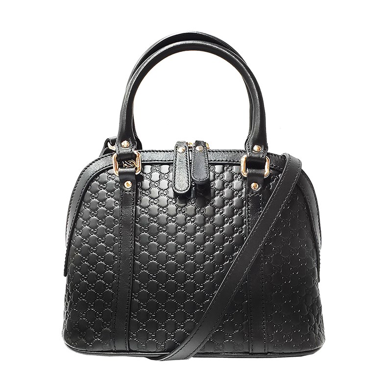 【GUCCI 古馳】449654 經典Guccissima壓紋全皮手提/斜背迷你兩用貝殼包(黑色)