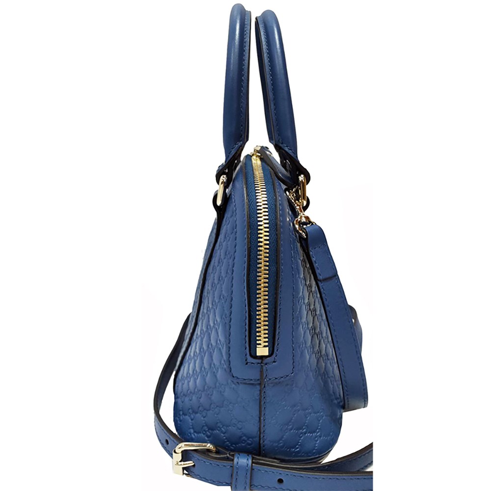 【GUCCI 古馳】449654 經典Guccissima壓紋全皮手提/斜背迷你兩用貝殼包(藍色)