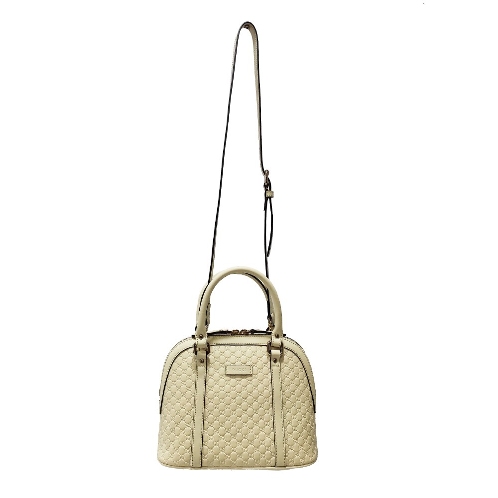 【GUCCI 古馳】449654 經典Guccissima壓紋全皮手提/斜背迷你兩用貝殼包(米白色)