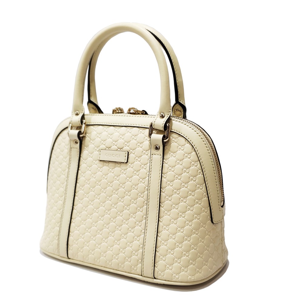 【GUCCI 古馳】449654 經典Guccissima壓紋全皮手提/斜背迷你兩用貝殼包(米白色)