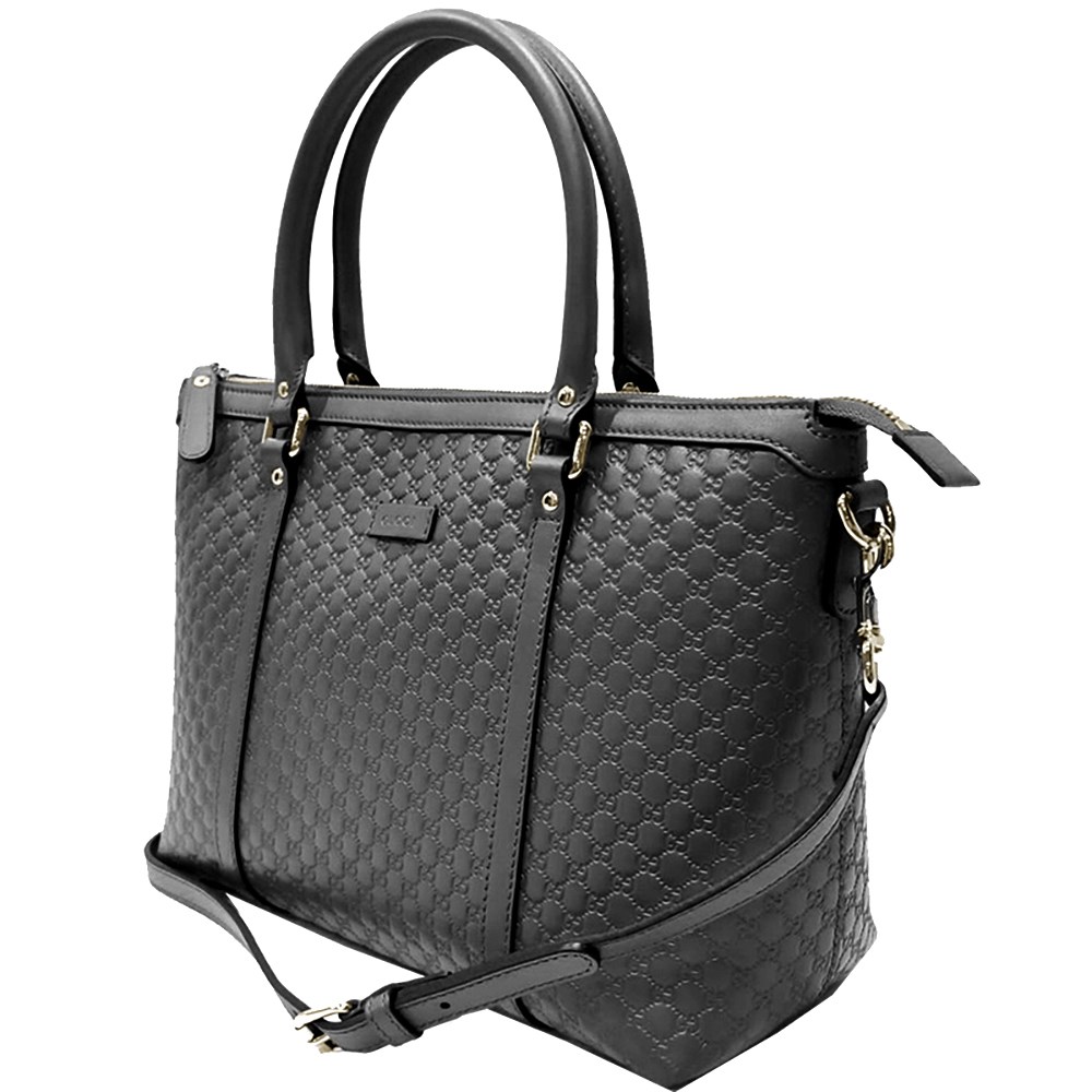 【GUCCI 古馳】449656 經典Guccissima壓紋皮革手提斜背兩用托特包(黑色)