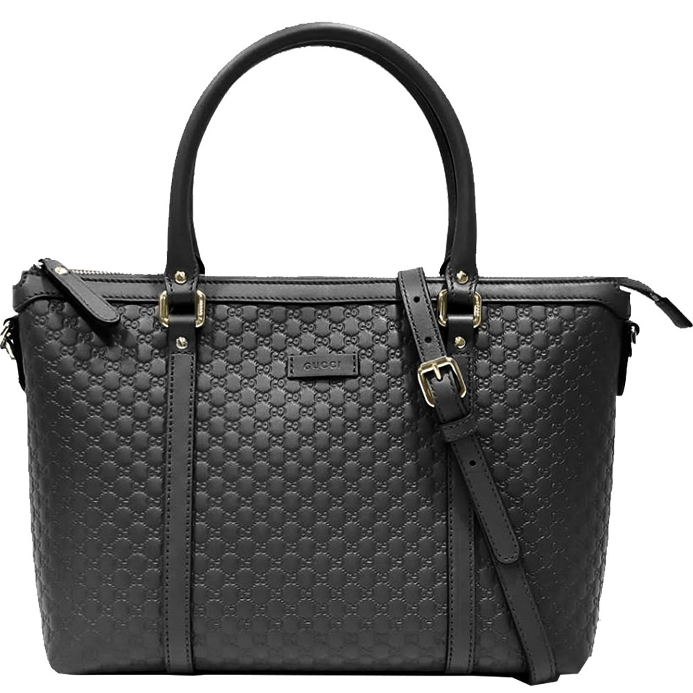 【GUCCI 古馳】449656 經典Guccissima壓紋皮革手提斜背兩用托特包(黑色)