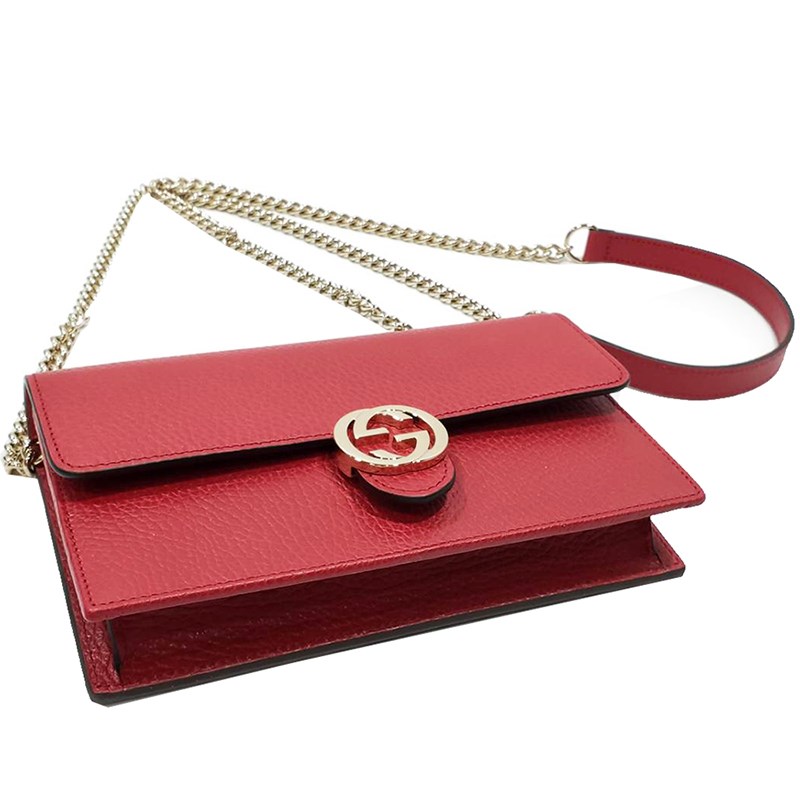【GUCCI 古馳】510314 經典雙G金屬LOGO荔枝紋牛皮鏈帶扣式斜背包(紅色)