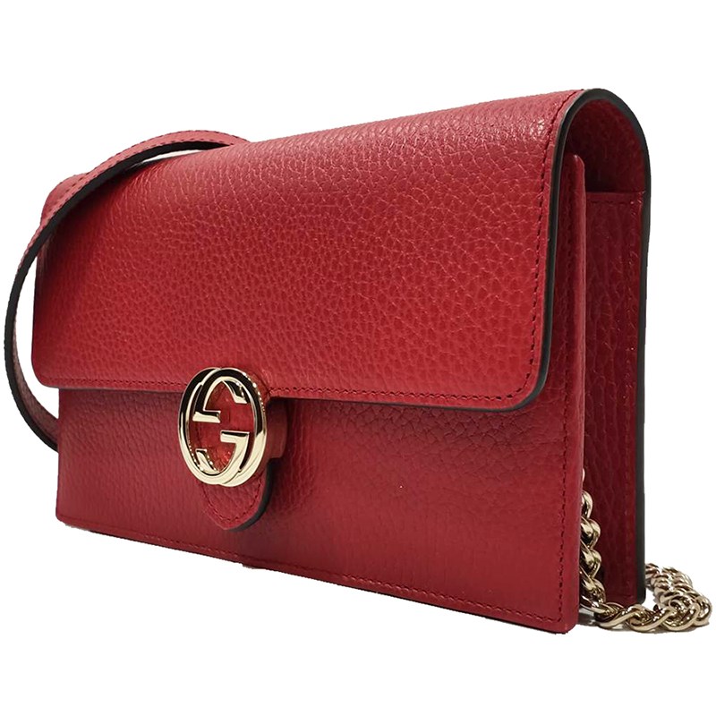 【GUCCI 古馳】510314 經典雙G金屬LOGO荔枝紋牛皮鏈帶扣式斜背包(紅色)
