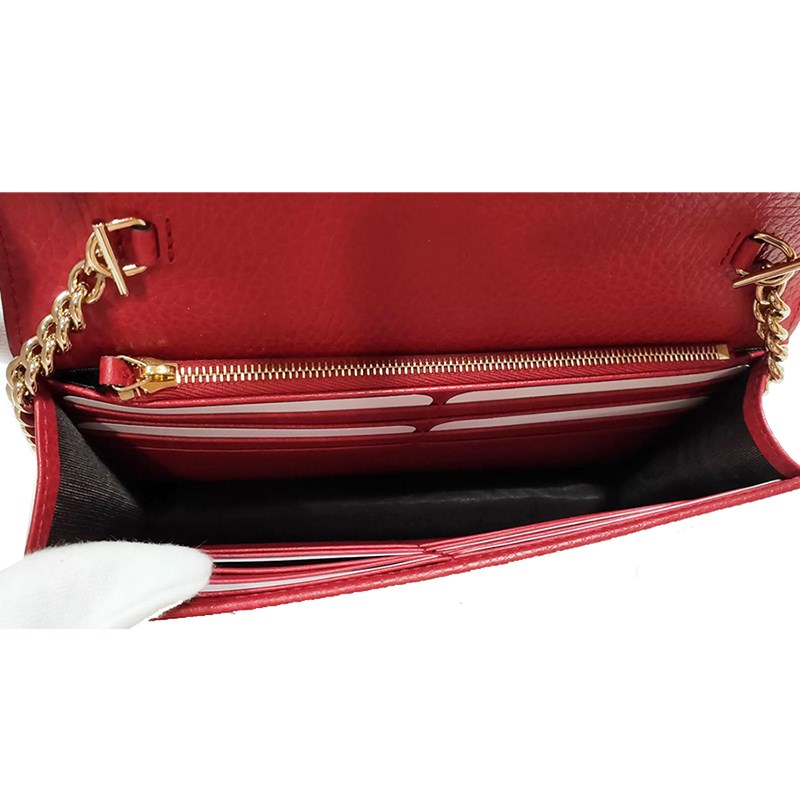 【GUCCI 古馳】510314 經典雙G金屬LOGO荔枝紋牛皮鏈帶扣式斜背包(紅色)