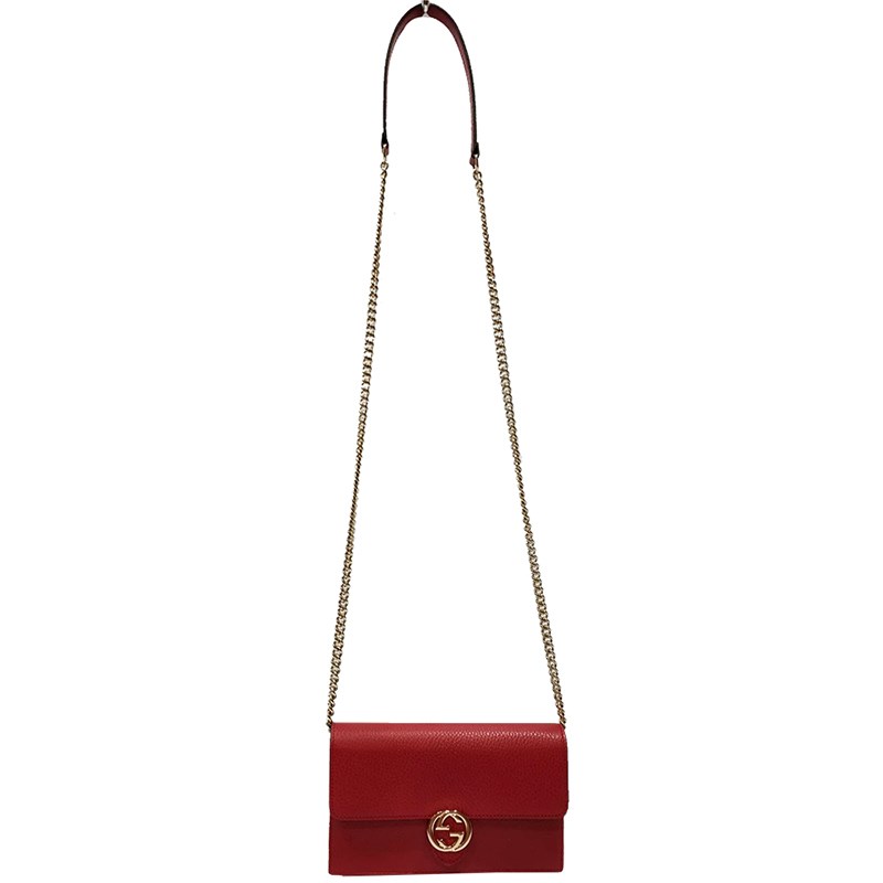 【GUCCI 古馳】510314 經典雙G金屬LOGO荔枝紋牛皮鏈帶扣式斜背包(紅色)
