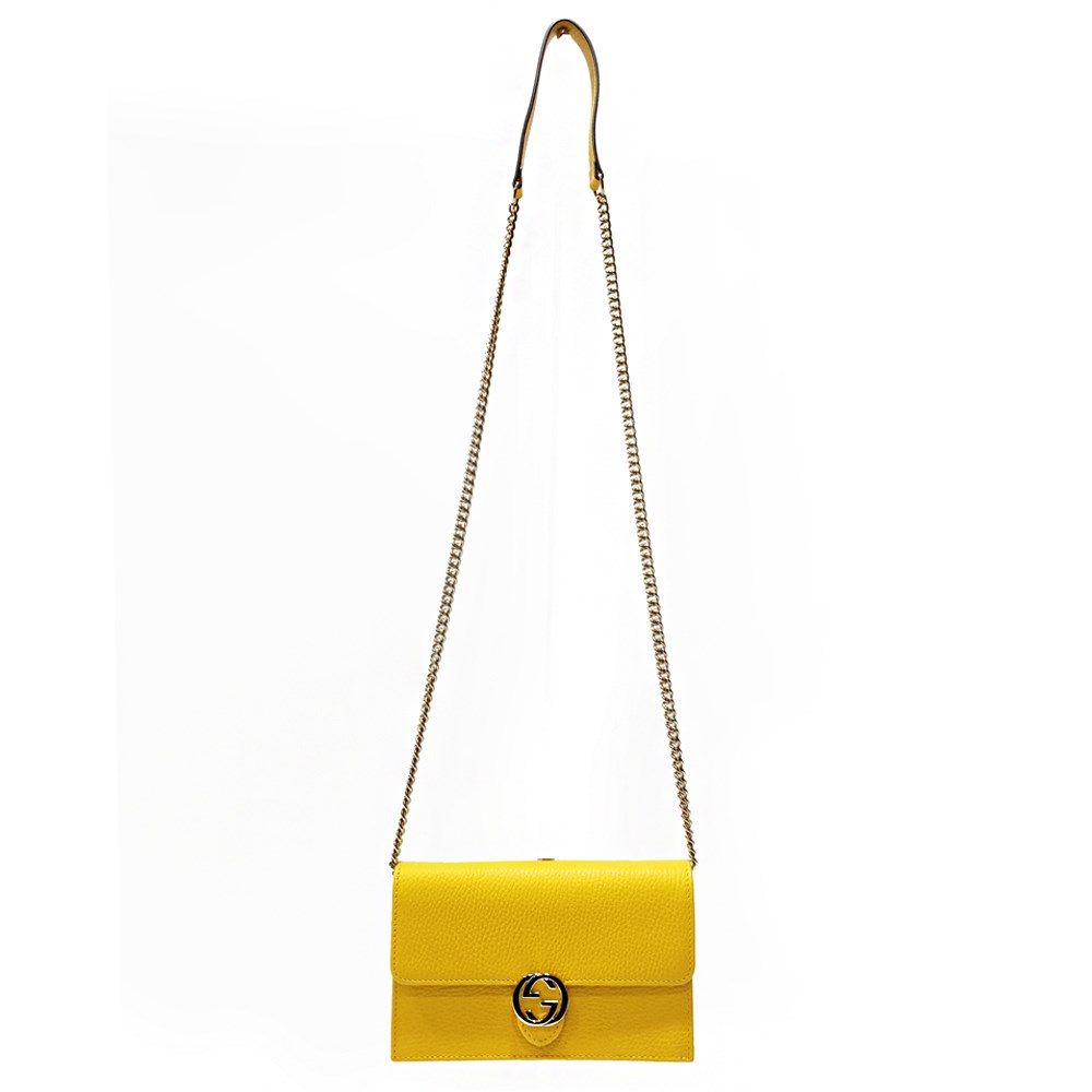【GUCCI 古馳】615523 經典雙G金屬LOGO荔枝紋牛皮鏈帶WOC款扣式手拿/斜背包(黃色)
