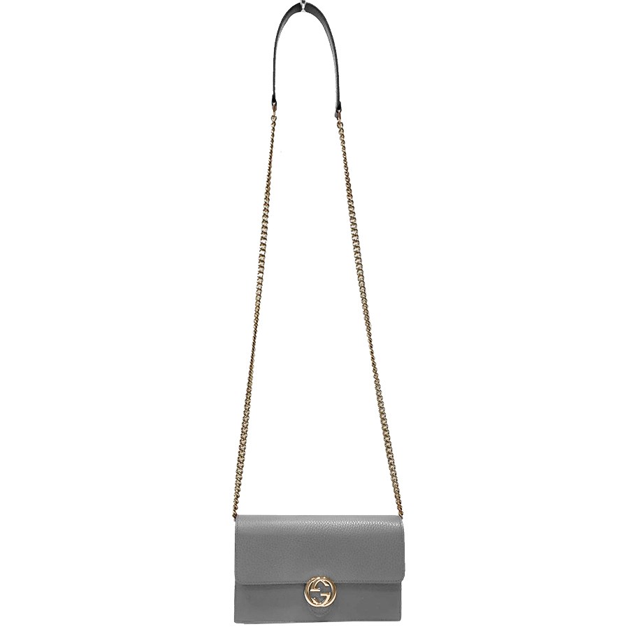 【GUCCI 古馳】615523 經典雙G金屬LOGO荔枝紋牛皮鏈帶扣式斜背包(灰色)