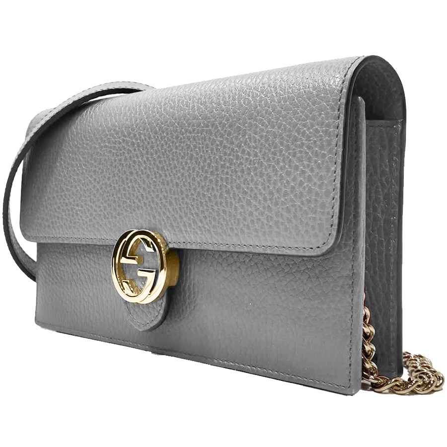 【GUCCI 古馳】615523 經典雙G金屬LOGO荔枝紋牛皮鏈帶扣式斜背包(灰色)