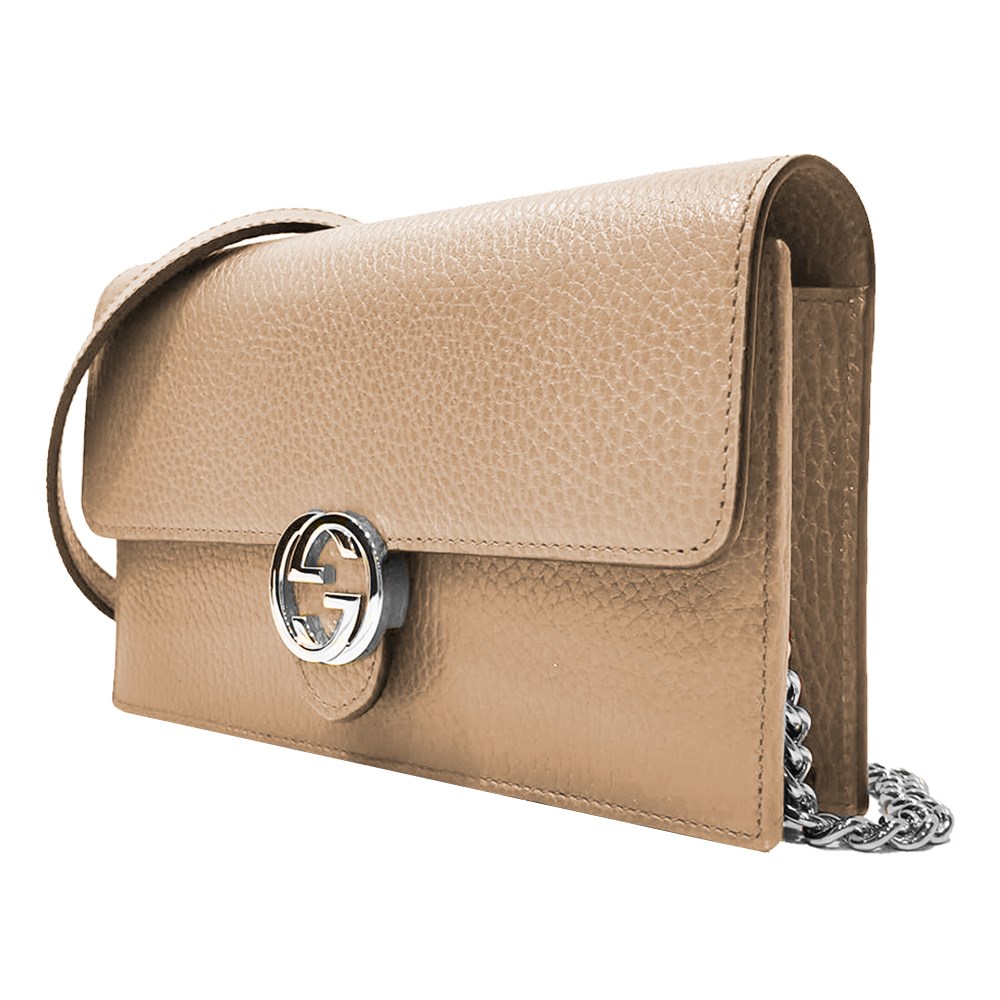 【GUCCI 古馳】615523 經典雙G金屬LOGO荔枝紋牛皮鏈帶扣式斜背包(膚色)