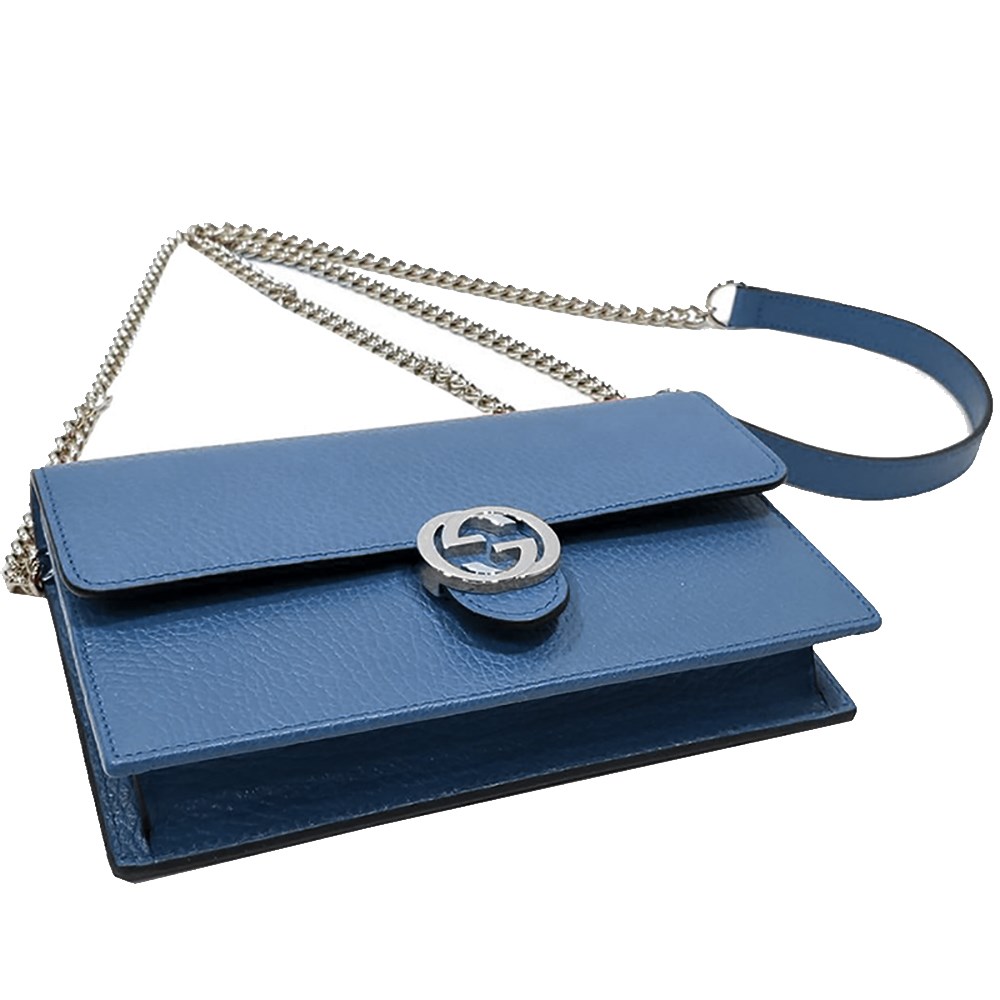 【GUCCI 古馳】510314 經典雙G金屬LOGO荔枝紋牛皮鏈帶扣式斜背包(藍色)