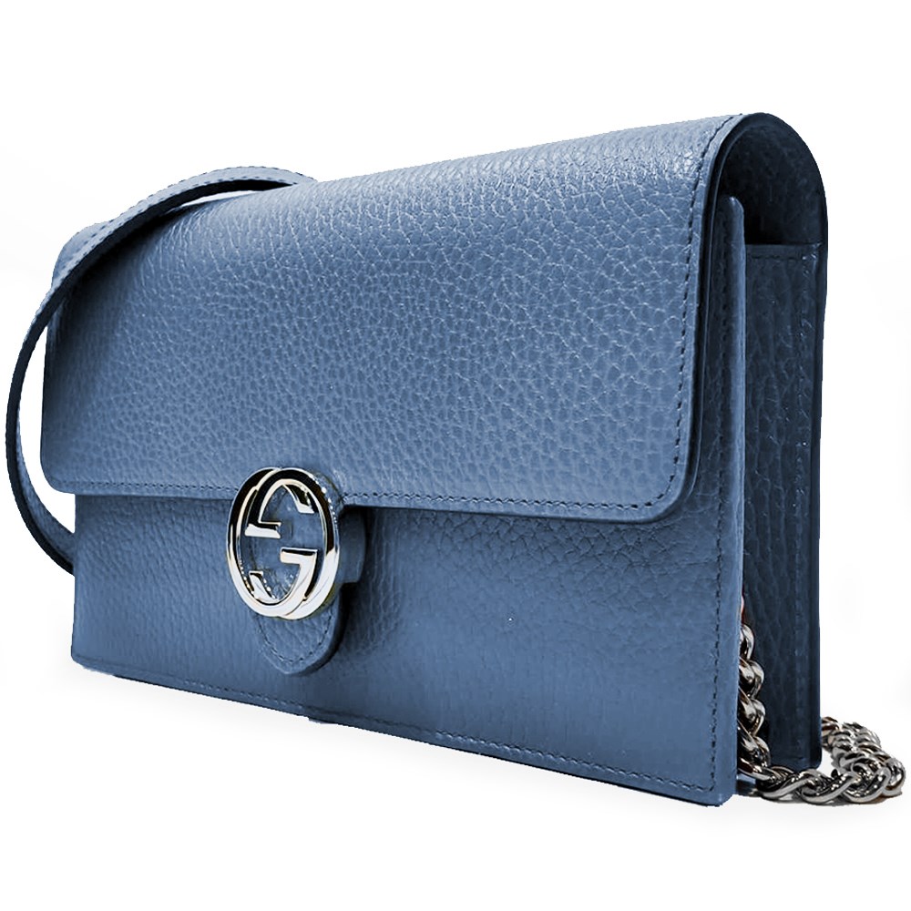 【GUCCI 古馳】510314 經典雙G金屬LOGO荔枝紋牛皮鏈帶扣式斜背包(藍色)