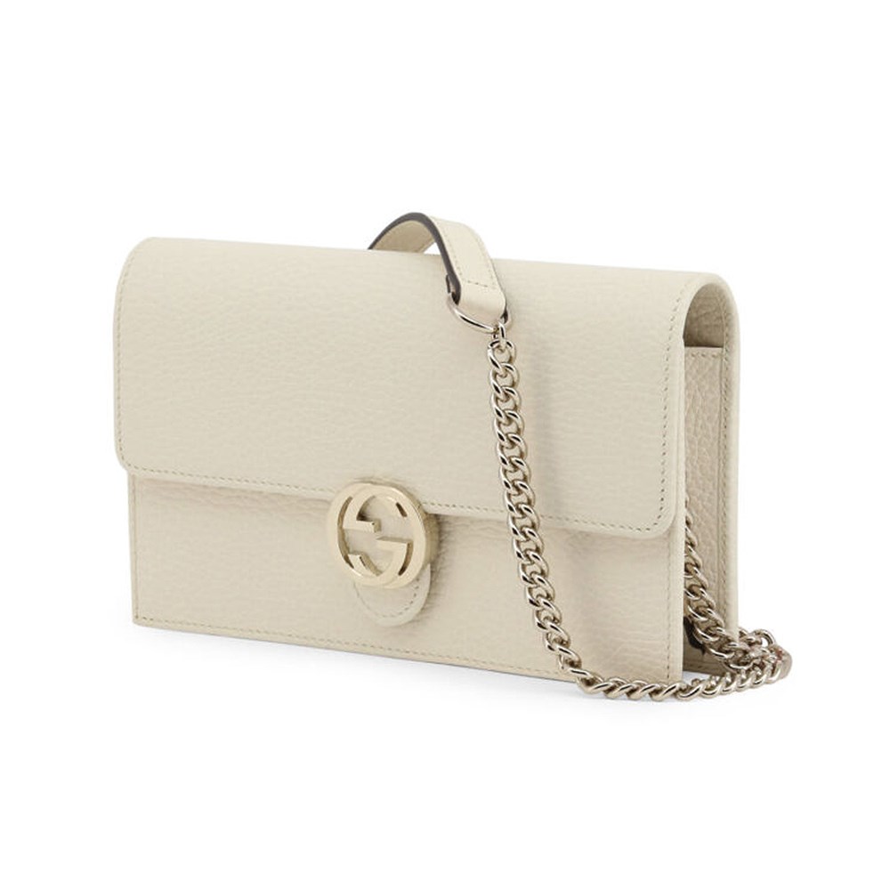 【GUCCI 古馳】615523 經典雙G金屬LOGO荔枝紋牛皮鏈帶扣式斜背包(白色)