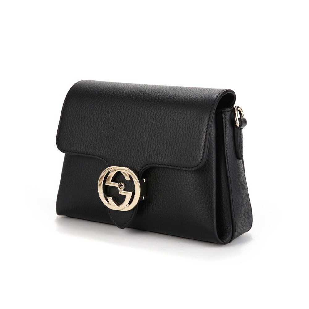 【GUCCI 古馳】607720 經典雙G LOGO荔枝紋牛皮淡金鍊肩背/斜背郵差包