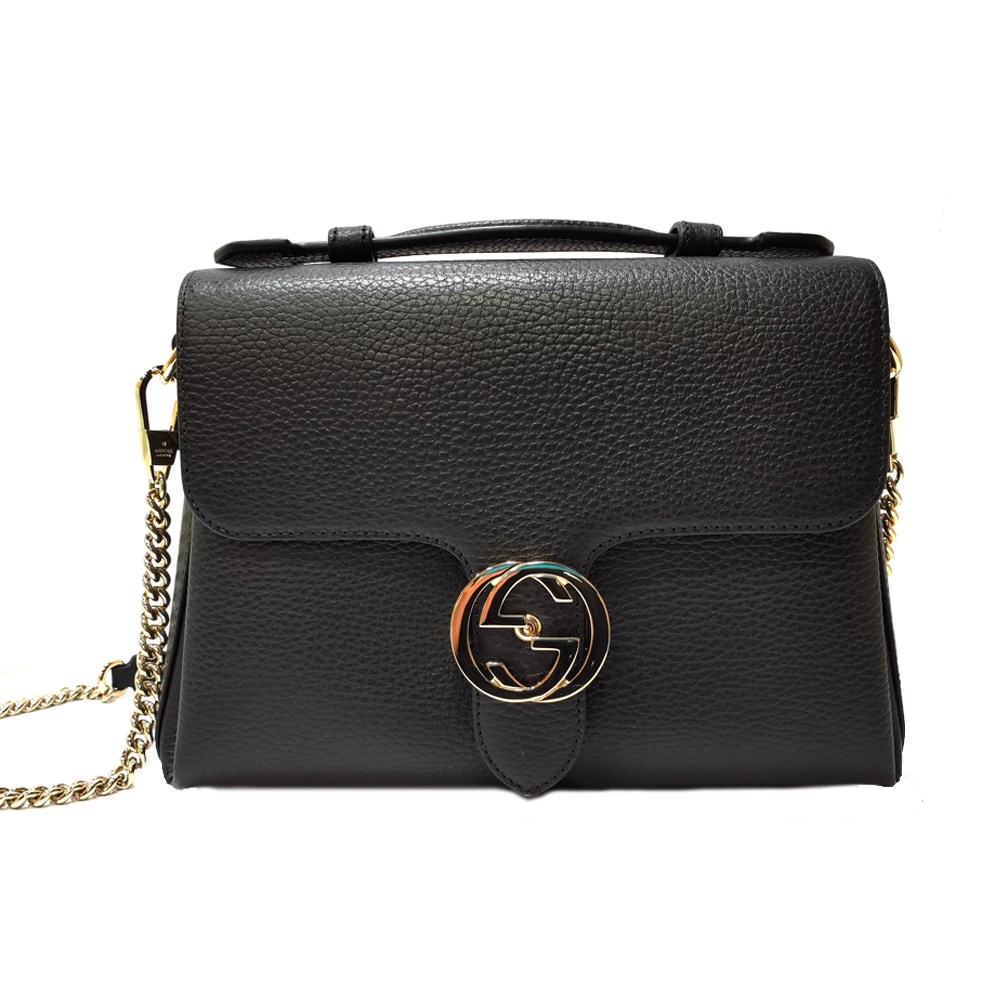 【GUCCI 古馳】510302經典雙G LOGO荔枝紋全皮單鍊肩背/斜背包/手提兩用包(黑色)