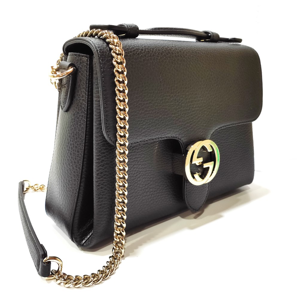 【GUCCI 古馳】510302經典雙G LOGO荔枝紋全皮單鍊肩背/斜背包/手提兩用包(黑色)
