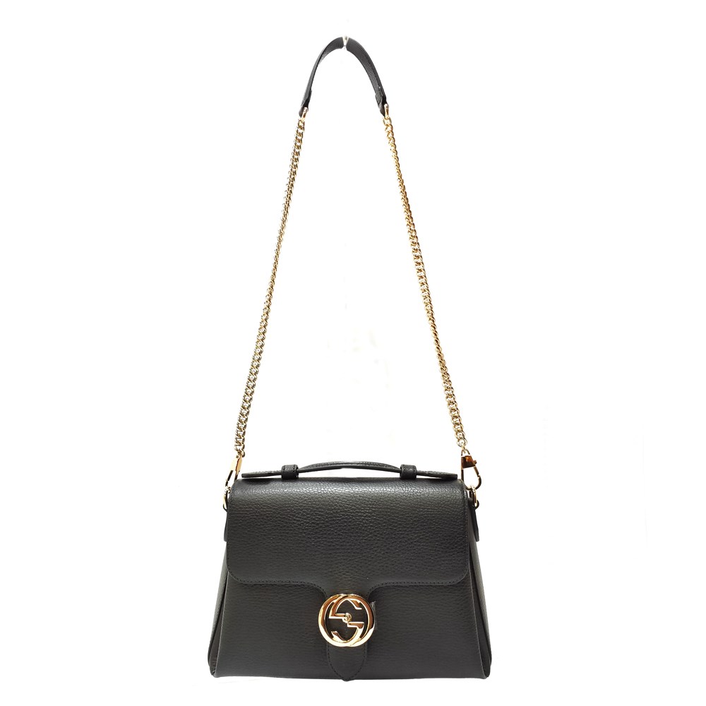 【GUCCI 古馳】510302經典雙G LOGO荔枝紋全皮單鍊肩背/斜背包/手提兩用包(黑色)