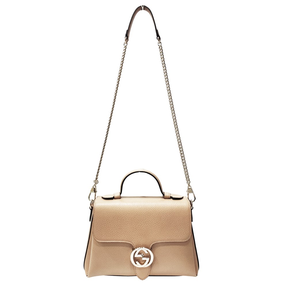 【GUCCI 古馳】510302經典雙G LOGO荔枝紋全皮單鍊肩背/斜背包/手提兩用包(膚色)