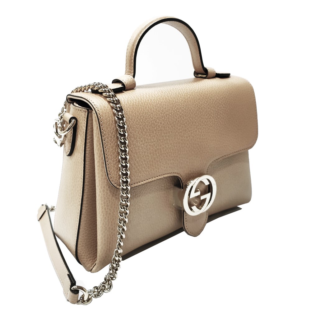 【GUCCI 古馳】510302經典雙G LOGO荔枝紋全皮單鍊肩背/斜背包/手提兩用包(膚色)