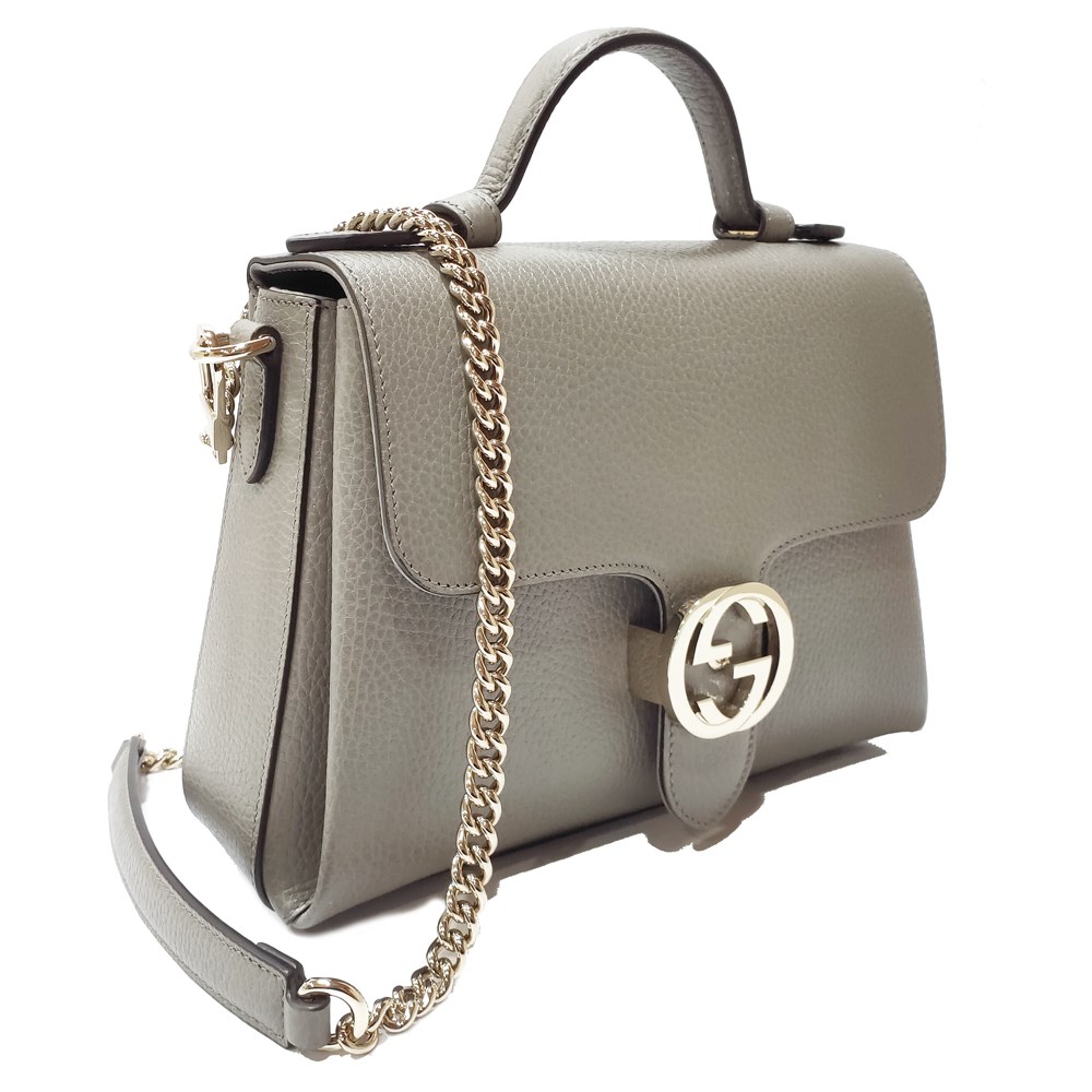 【GUCCI 古馳】510302經典雙G LOGO荔枝紋全皮單鍊肩背/斜背包/手提兩用包(灰色)
