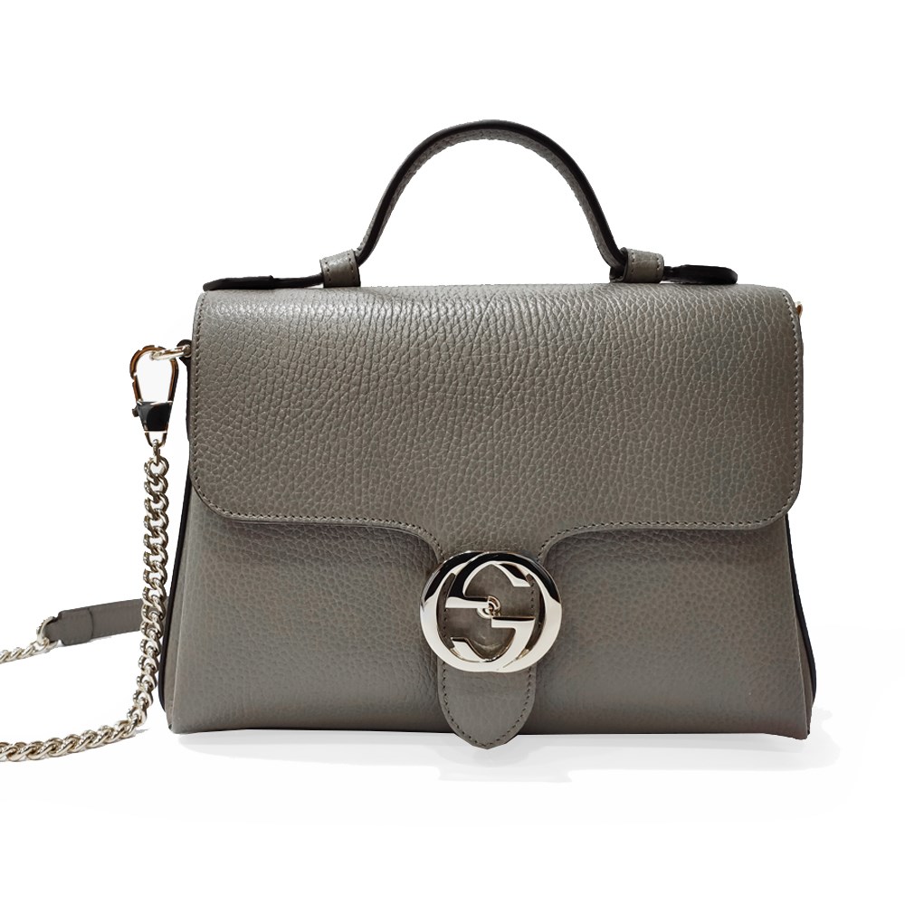 【GUCCI 古馳】510302經典雙G LOGO荔枝紋全皮單鍊肩背/斜背包/手提兩用包(灰色)