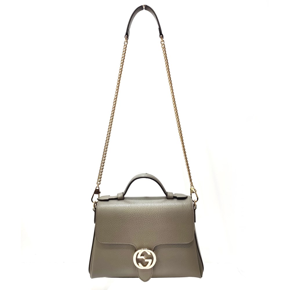 【GUCCI 古馳】510302經典雙G LOGO荔枝紋全皮單鍊肩背/斜背包/手提兩用包(灰色)